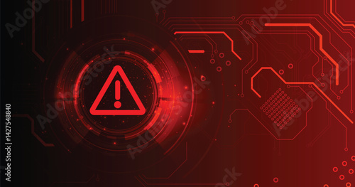 Hacking Concept. Attention warning attacker alert sign with exclamation mark with a circuit board with electronic elements on dark red background. Security protection Concept. 
