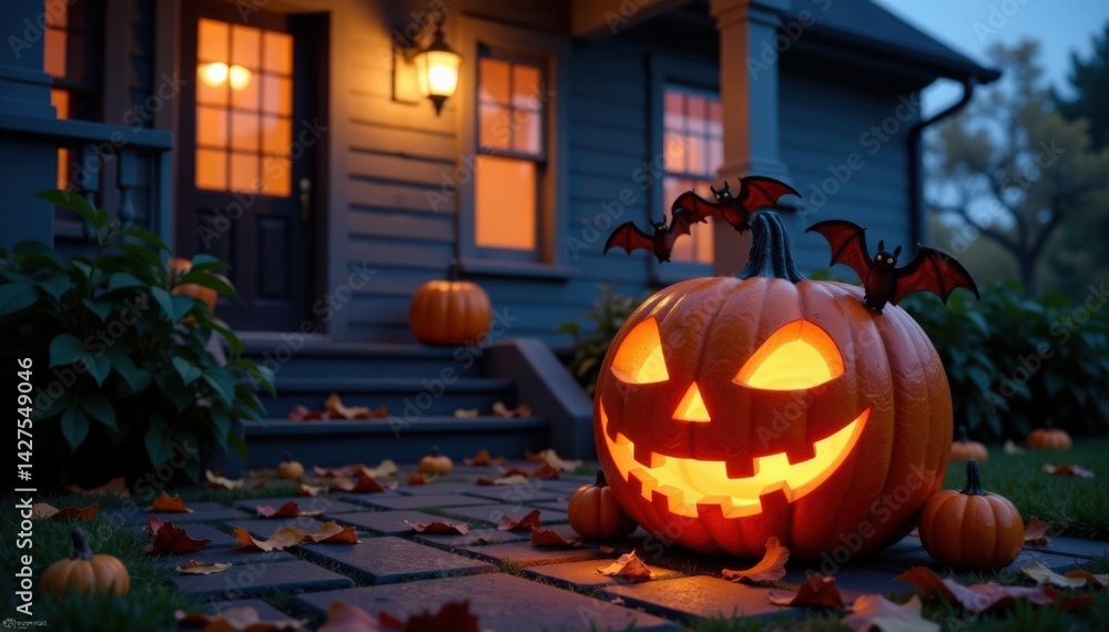 Bats clustering around a glowing jack-o-lantern on a porch, autumn night, spooky decorations, jack-o-lanterns Bats clustering around a glowing jack-o-lantern on a porch, autumn night, spooky decorations, jack-o-lanterns