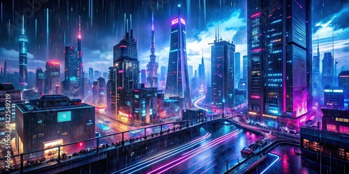 Neon Rain Cyberpunk City Drone Shot - Futuristic Metropolis