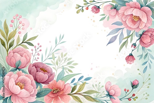 Watercolor Floral Border with Peonies – Greeting or Invitation Card for Weddings  and Summer Celebrations

