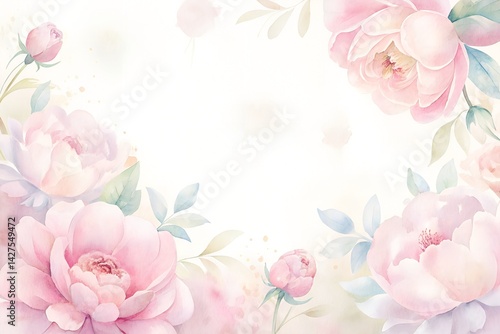 Watercolor Floral Border with Peonies – Greeting or Invitation Card for Weddings  and Summer Celebrations

