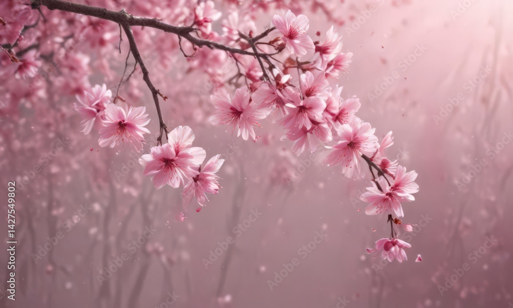 Fototapeta premium Abstract pink sakura petals gently falling against a dreamy, blurred background , close-up, sakura, season