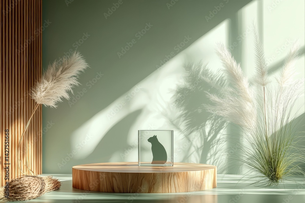 Minimalistic green background with wooden podium and glass cube containing animal silhouette for serene product presentation. Minimalistic green background with wooden podium and glass cube containing animal silhouette for serene product presentation.