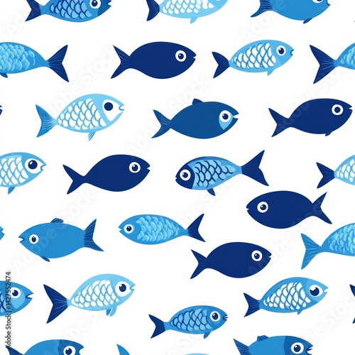 Seamless pattern of various blue fish on white background
