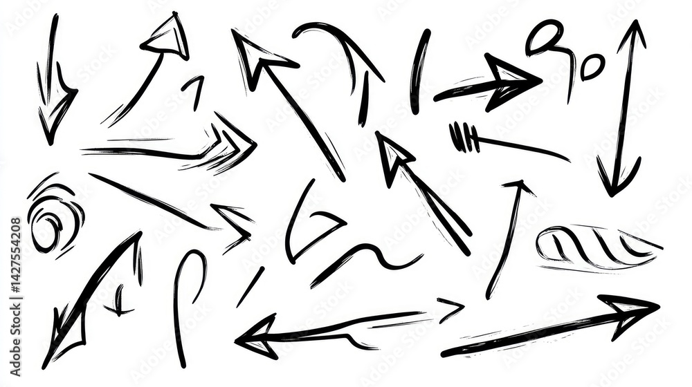 Expressive Hand-Drawn Arrow Collection: A Whimsical Ink Sketch Expressive Hand-Drawn Arrow Collection: A Whimsical Ink Sketch