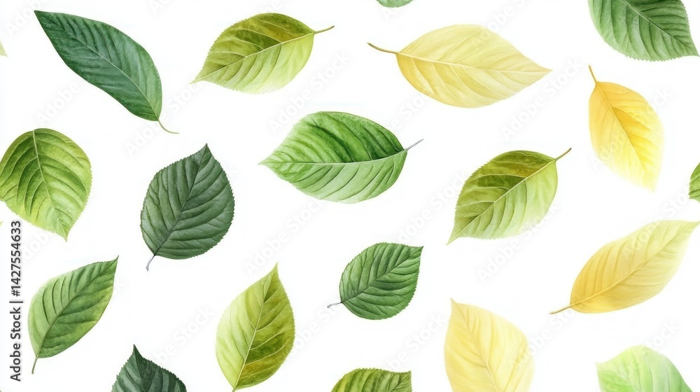 Obraz premium Delicate, vibrant leaves in various shades of green and yellow, scattered across a white background. A gentle, natural pattern