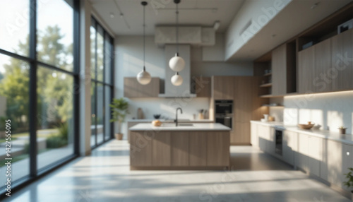 Empty beautiful wood table top counter and blur bokeh modern kitchen interior background in clean and bright, Banner, Ready for product montage. Kitchen room blurred background.