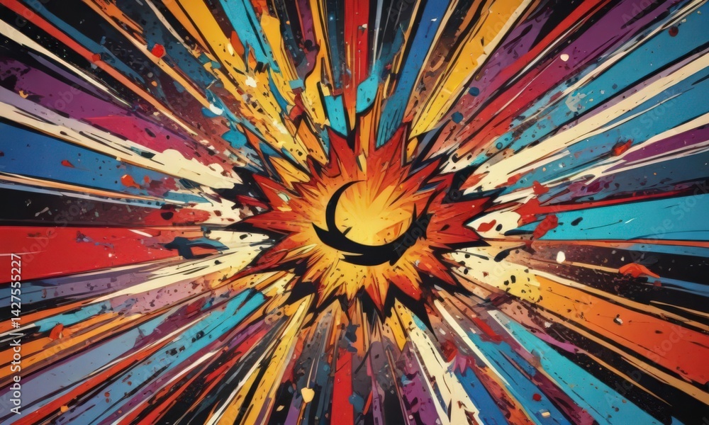 Fototapeta premium Colorful comic book explosion; bold graphic shapes, high contrast color palette , bright, design, explosion