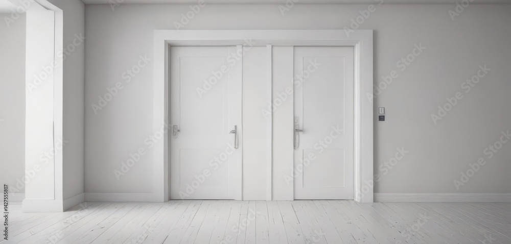 Clean white doors, open and closed, minimalist interior , elements, lines Clean white doors, open and closed, minimalist interior , elements, lines