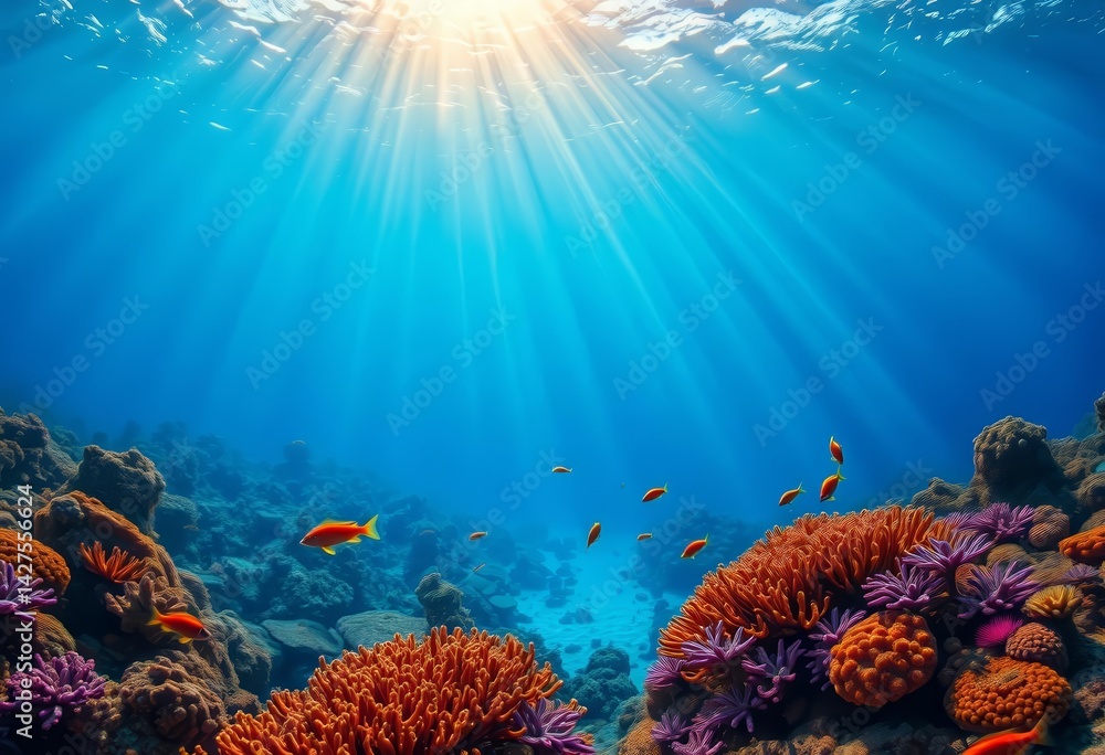 Fototapeta premium Sunbeams illuminate vibrant coral reef, teeming with marine life, clear water, sea