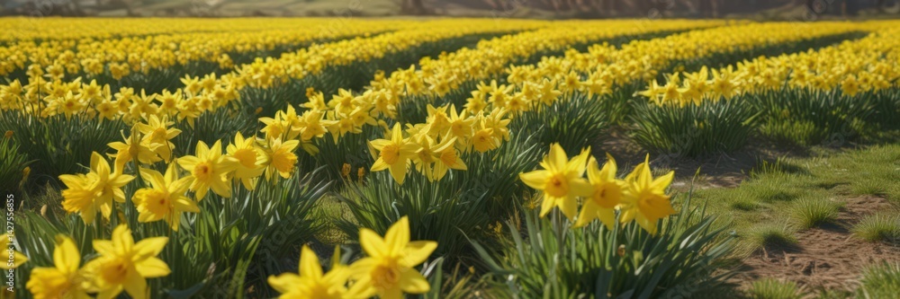 Fototapeta premium Bright yellow daffodils carpet a sunny field, vibrant seasonal display, bloom, outdoor, daffodil