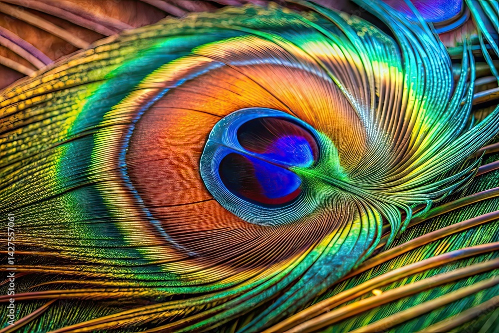 Fototapeta premium Peacock Feather Close-Up Panoramic AI Art, Detailed Macro Photography