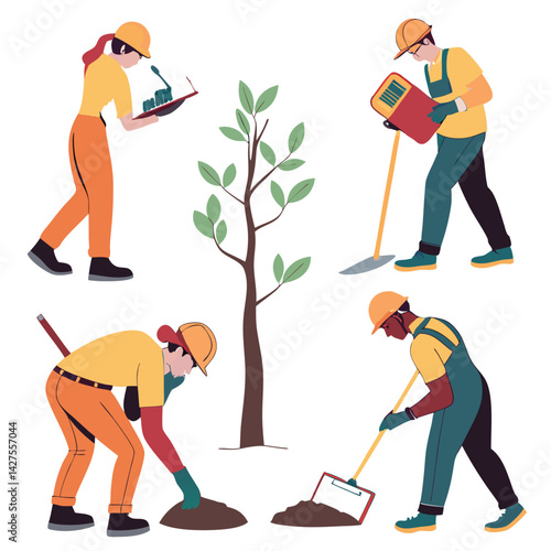 Tree Planting Illustration: Team of Diverse Workers Planting Trees, Environmental Conservation, Vector Art, Sustainable Future
