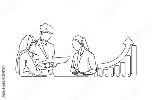 Continuous one line drawing of Business pople meeting with growing graph. Single line drawing illustration of Business Growth plan. Business concept vector art. Doodle line illustration.