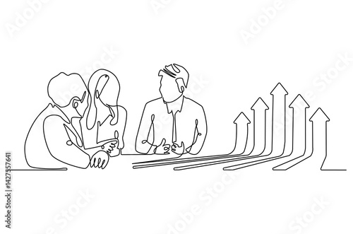 Continuous one line drawing of Business pople meeting with growing graph. Single line drawing illustration of Business Growth plan. Business concept vector art. Doodle line illustration.