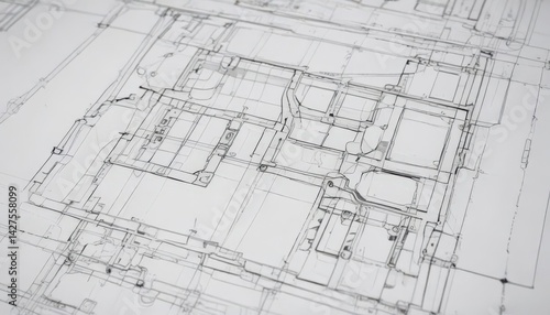Clean white background, black outlined technical drawing shapes, blueprint style , abstract, style