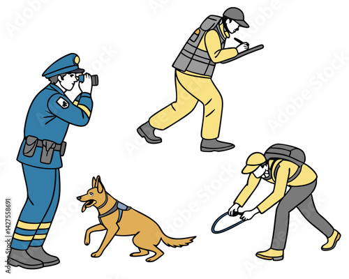 Search and Rescue Team Illustration: Police Officer, Dog, and Emergency Responders in Action, Vector Art Style, Disaster Relief Aid