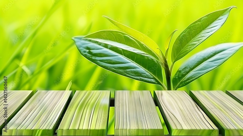Obraz premium Nature's Embrace: A Fresh Green Shoot Emerging on a Wooden Surface