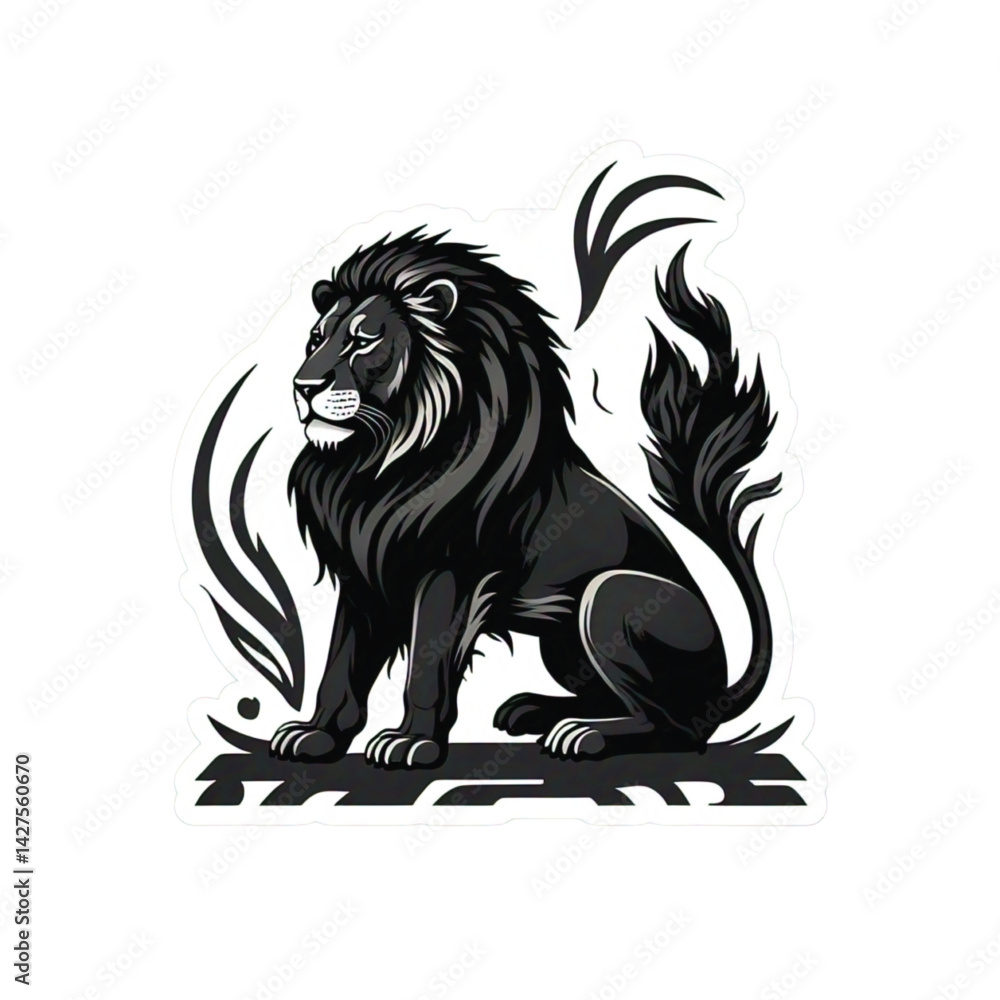 Obraz premium Black Silhouette of a Sitting Lion Facing Left – Minimalist Vector Design for Tattoo or Logo Use