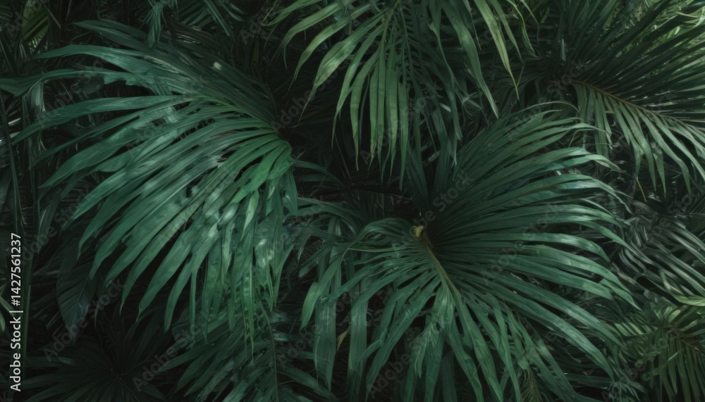Fototapeta premium Deep emerald palm fronds, intricate vein details, tropical backdrop, leaves, nature, details