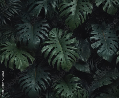 Dark, lush tropical leaves overlap, creating a textured, elegant pattern , design, rich, design