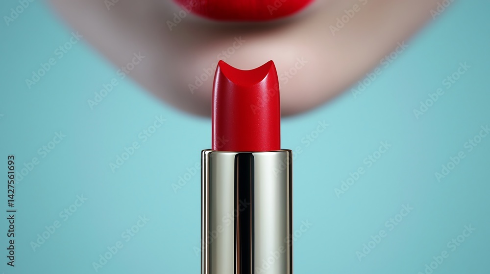 Obraz premium Close Up of Red Lipstick and Lips Against a Teal Background