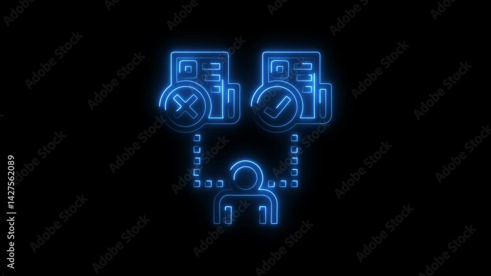 Decision making choice neon concept with check and cross symbols glowing user choosing correct answer or rejecting on dark background Decision making choice neon concept with check and cross symbols glowing user choosing correct answer or rejecting on dark background