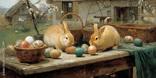 Two adorable bunnies painting colorful Easter eggs on rustic wooden table outdoors