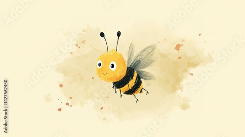Cute bee in flight, surrounded by watercolor splashes.