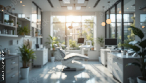 bright and spacious dental clinic with a clean, modern design, softly blurred to create a professional and inviting atmosphere. The perfect background for a cutting-edge dental office.