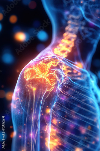 Shoulder joints highlighted in human anatomy showcasing pain and structure with neon effects