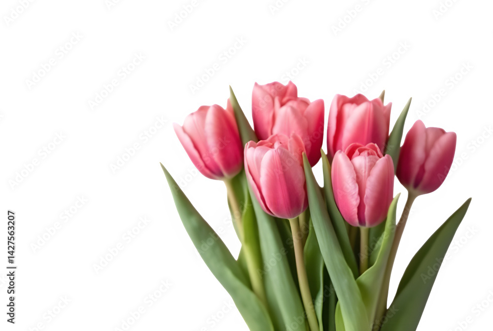 A beautiful spring bouquet of pink tulips, isolated on white, showcases the floral beauty of these fresh blossoms A beautiful spring bouquet of pink tulips, isolated on white, showcases the floral beauty of these fresh blossoms