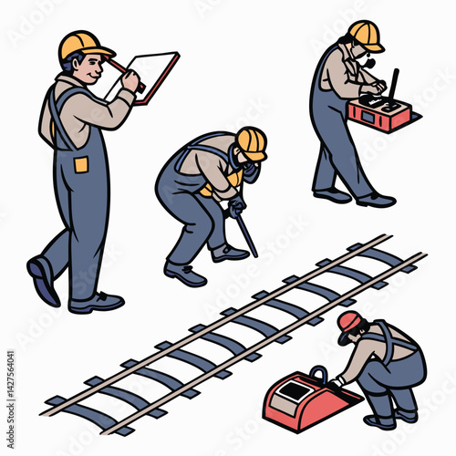 Cartoon Railway Workers Inspecting Tracks: Construction Crew, Infrastructure Maintenance, Vector Illustration, Safety Gear, Railroad Job