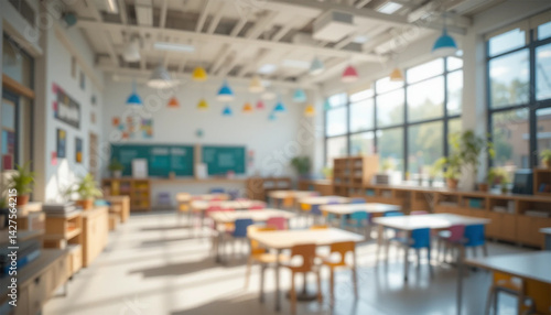 Beautiful blurred background of bright classroom and study room with panoramic windows and beautiful lighting. Blurred Empty school background.