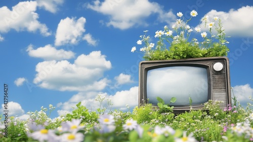 Vintage television surrounded by blooming wildflowers under a vibrant blue sky.