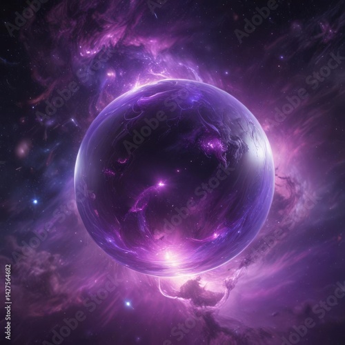 Ethereal orb glows, purple nebula swirls around it in cosmic space , stardust, digital art, majestic