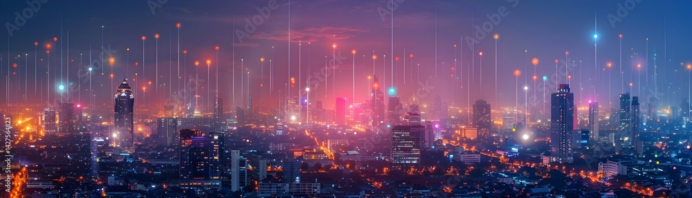 Glowing Cityscape of Futuristic Metropolis at Night with Vibrant Lights and Digital Connectivity Glowing Cityscape of Futuristic Metropolis at Night with Vibrant Lights and Digital Connectivity