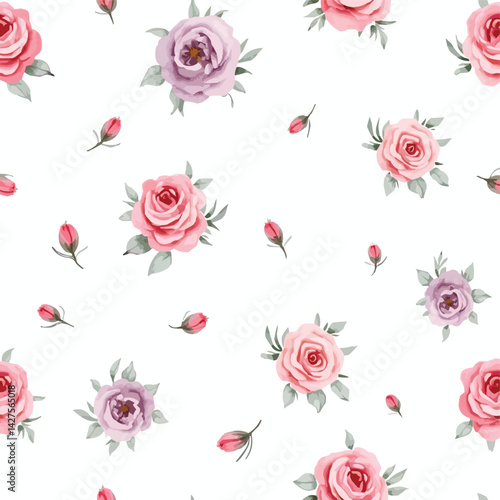 Floral serenade Pink  lavender roses buds gently dance on a white canvas