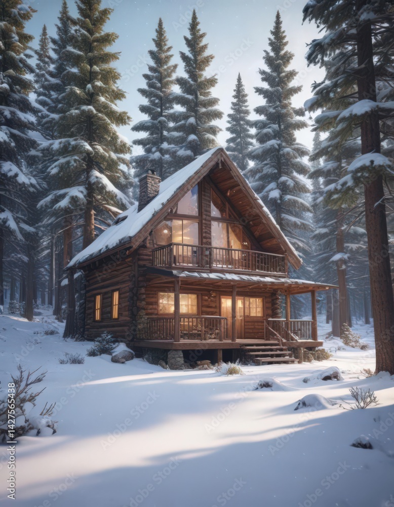 Falling snow blankets cabin nestled amongst snowy pines , cozy, image Falling snow blankets cabin nestled amongst snowy pines , cozy, image