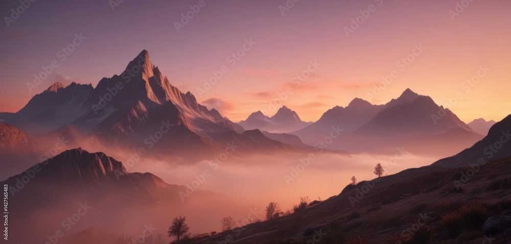 Obraz premium Fiery sunset hues paint misty mountain peaks, gradient sky, background, sunset