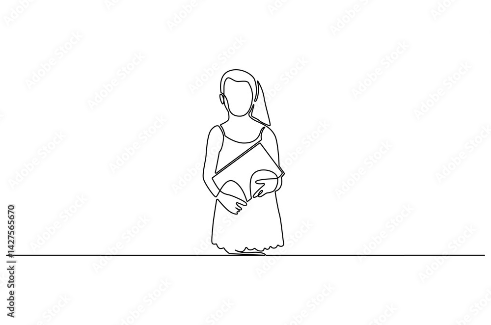 Continuous one line drawing of Little girl holding book. Single line drawing illustration of Girl with book. International Children's Book Day concept vector art. Doodle line illustration. Continuous one line drawing of Little girl holding book. Single line drawing illustration of Girl with book. International Children's Book Day concept vector art. Doodle line illustration.