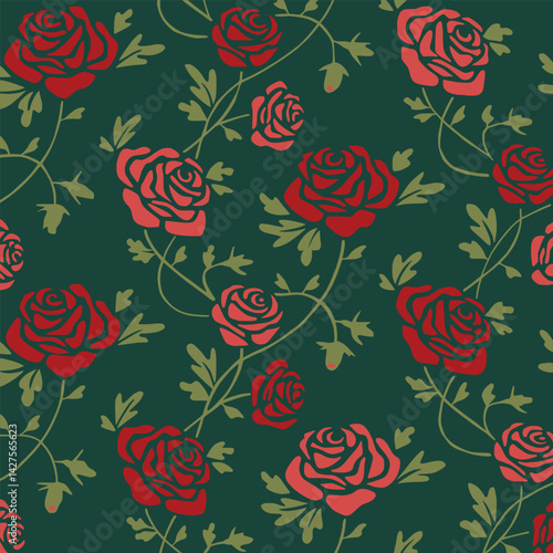 Rosy Repetition Bold red roses amid a lush green twining vine