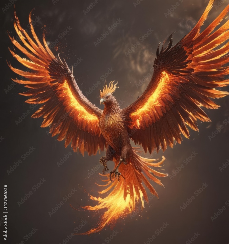 Obraz premium Fiery phoenix, wings ablaze, mythical creature, majestic, abstract