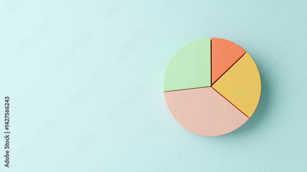 Fototapeta premium A minimalistic pie chart with pastel colors on a soft blue background, representing data visualization.