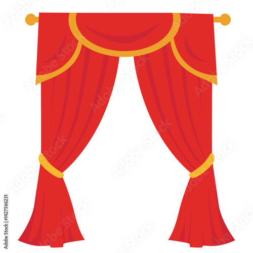 Red stage curtain with yellow scalloped valance and tied side drape, creating a neat and elegant look for performance backdrops or stage decoration.
