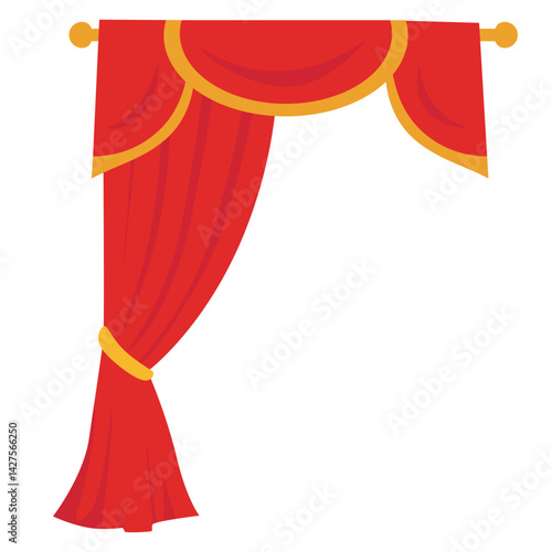 Red stage curtain with yellow scalloped valance and tied side drape, creating a neat and elegant look for performance backdrops or stage decoration.