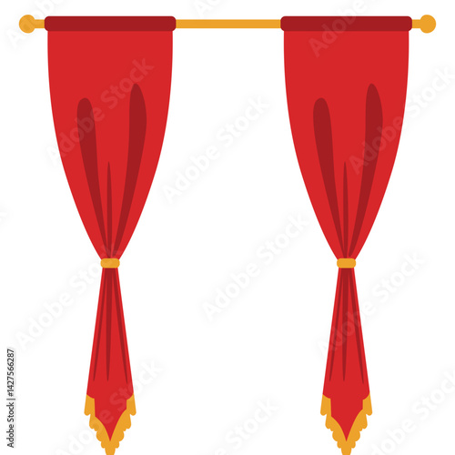 Red stage curtain with yellow scalloped valance and tied side drape, creating a neat and elegant look for performance backdrops or stage decoration.