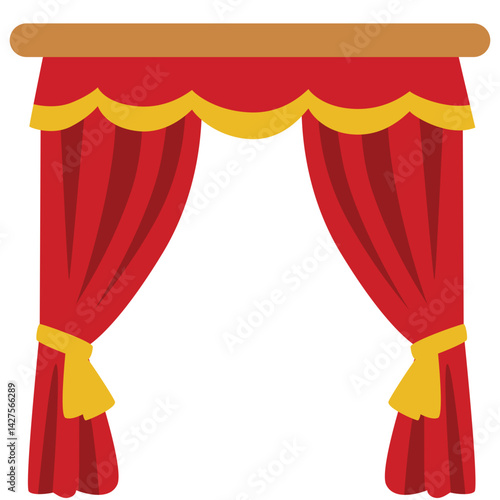 Red stage curtain with yellow scalloped valance and tied side drape, creating a neat and elegant look for performance backdrops or stage decoration.