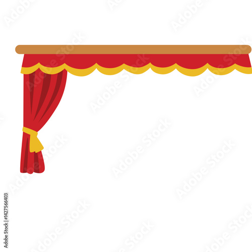 Red stage curtain with yellow scalloped valance and tied side drape, creating a neat and elegant look for performance backdrops or stage decoration.