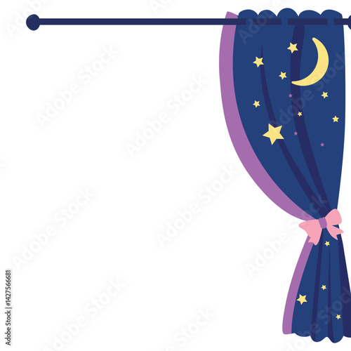 Single blue curtain with star patterns and a light blue bow tie, ideal for night-themed bedrooms, kids’ rooms, or dreamy decor setups.